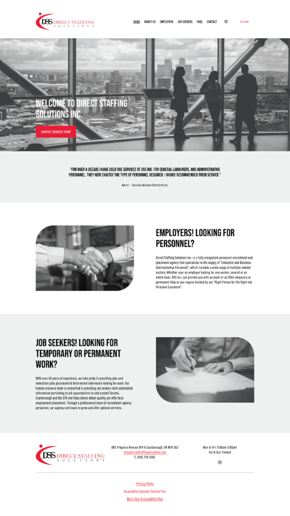Corporate website for Direct Staffing Solutions developed in London Ontario, featuring interactive job listings.