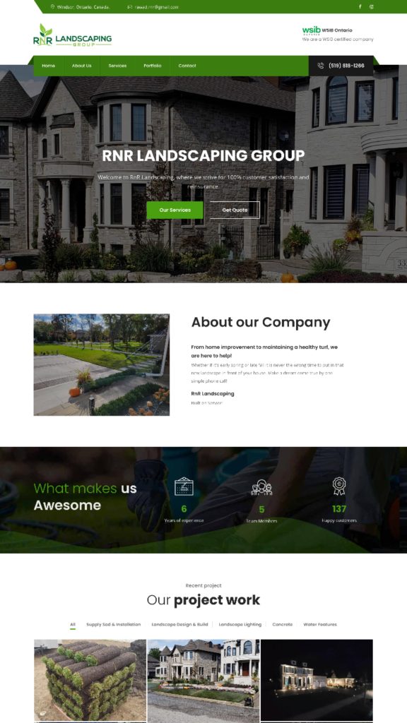 Homepage of RNR Landing created by a Windsor web design company, showcasing modern layout and intuitive navigation.